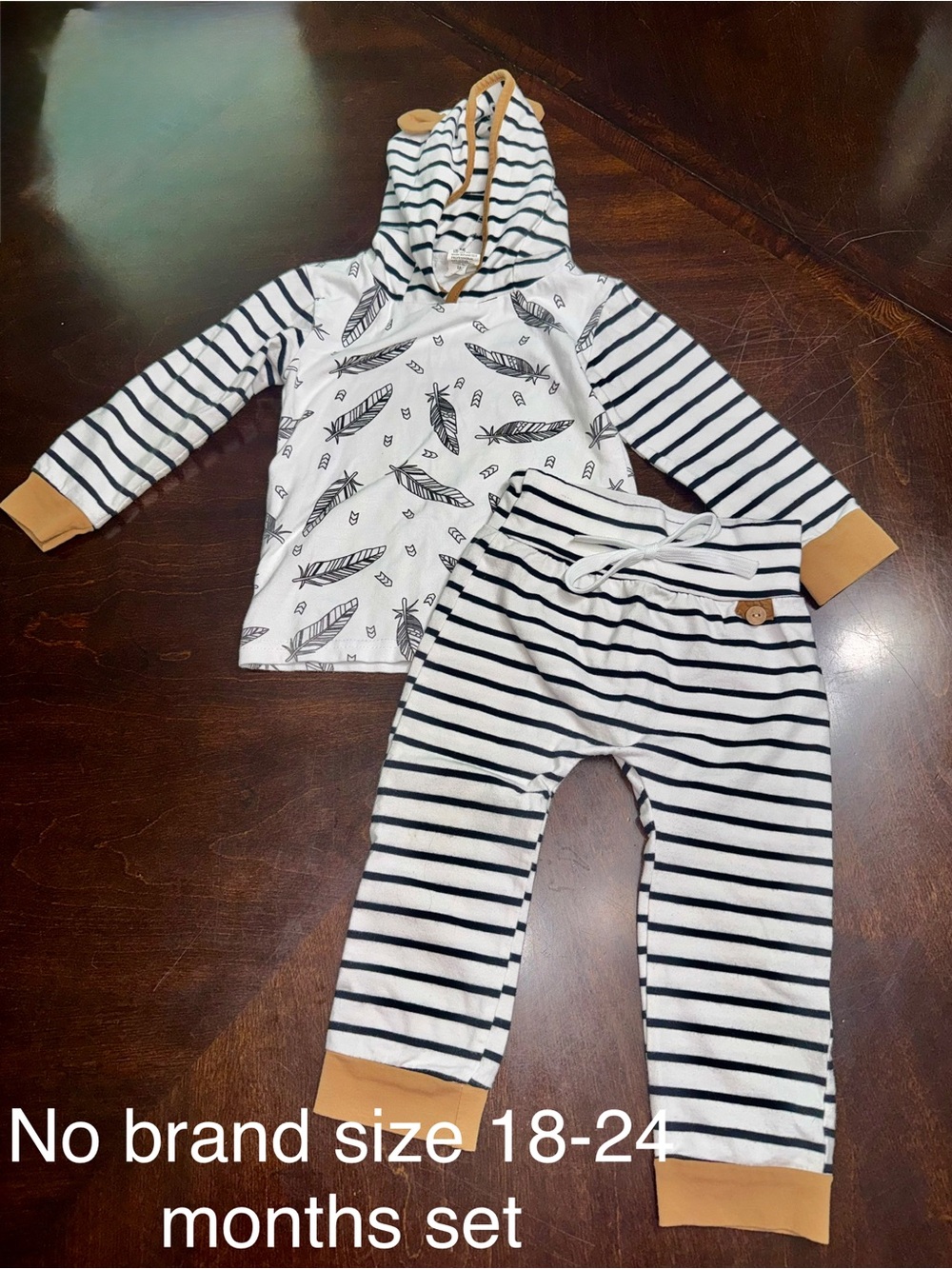 Striped Hooded Kids Pajama Set in White and Tan - No Brand